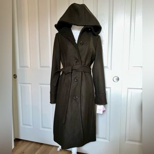 NWT Kate Spade dark olive Sherpa wool blend coat hooded Size Small